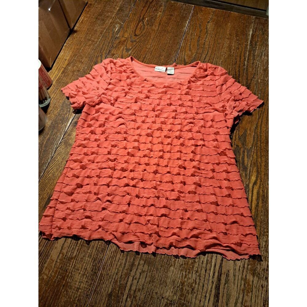 Kim Rogers Women’s Large Coral Ruffle Top Short Sleeve Pullover Blouse Shirt